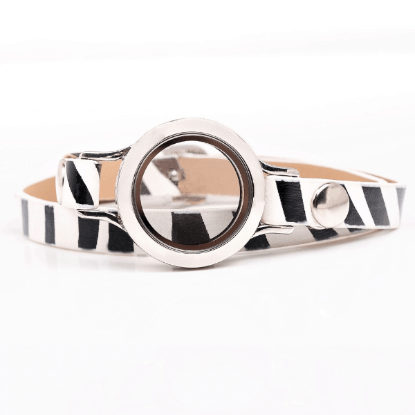 Locket Bracelet Zebra Print Leather (Gold or Silver Locket)