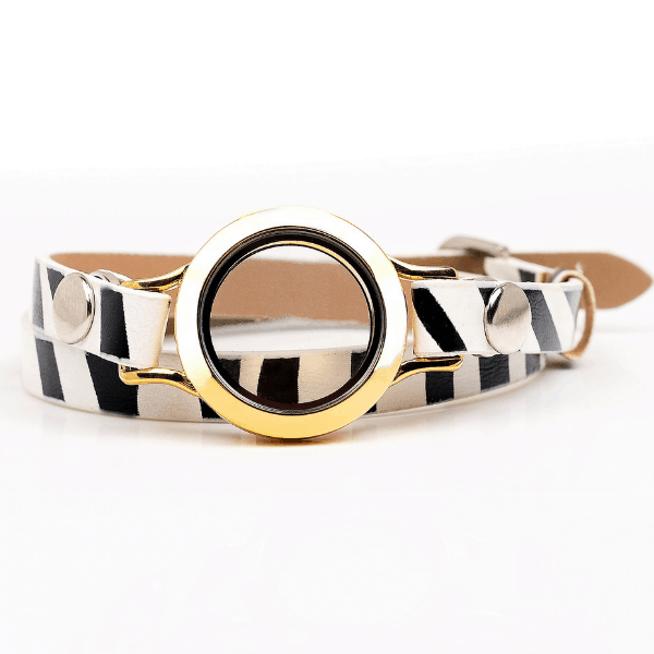 Locket Bracelet Zebra Print Leather (Gold or Silver Locket)